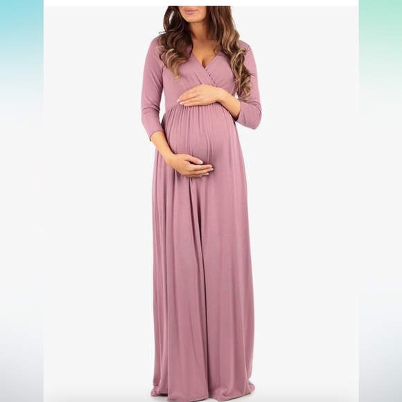 Mother Bee Maternity Dresses & Skirts - Pink Mother Bee Maternity V-Neck 3/4 Sleeve Ruched Waist Dress in size medium